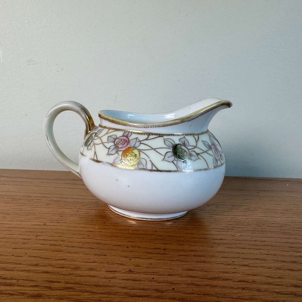 Hand‎ Painted Nippon Creamer Pitcher Floral Gold Trim Vintage Porcelain